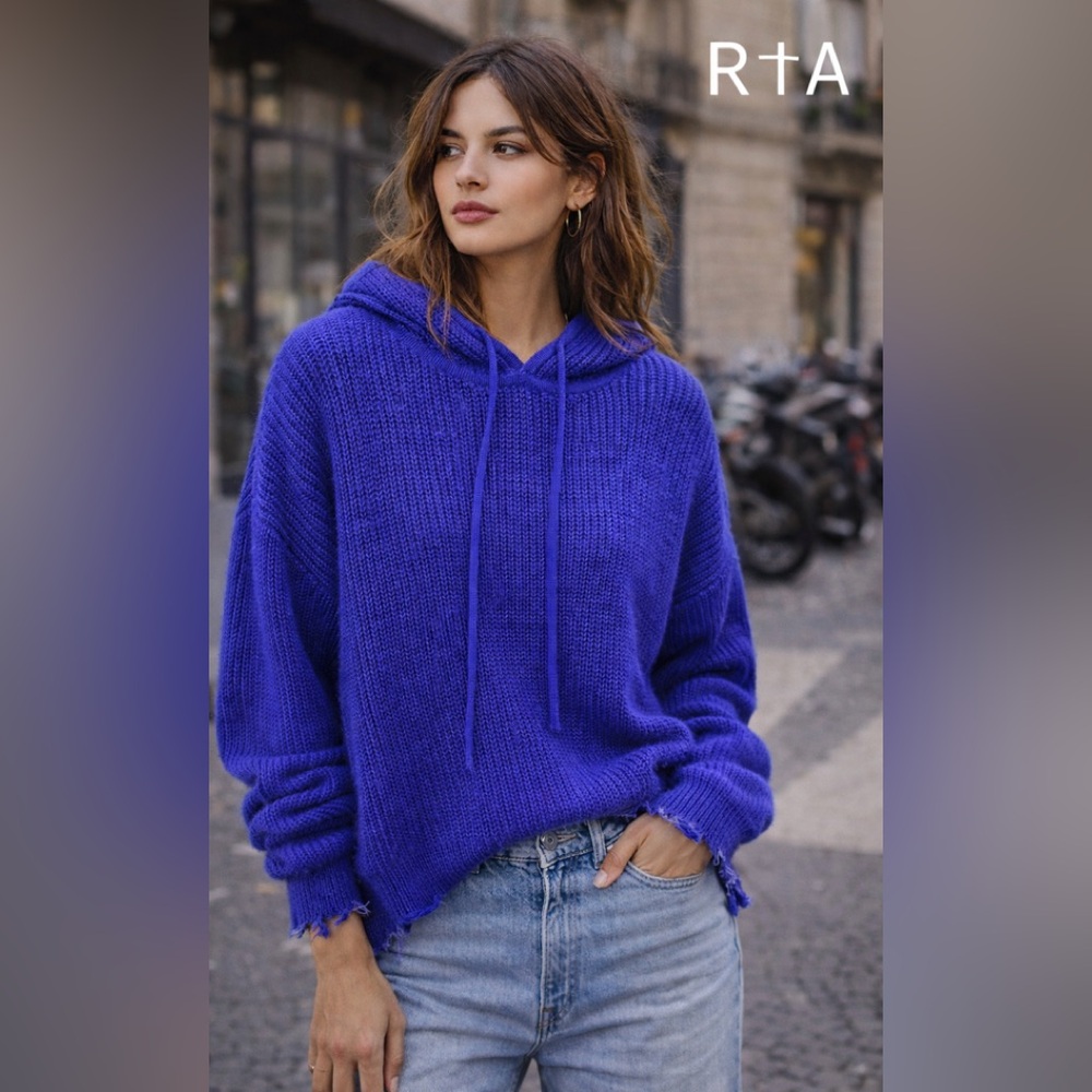 RTA Distressed Hem Knit Hoodie Blue Wool Blend Sweater Sz S Relaxed Edgy